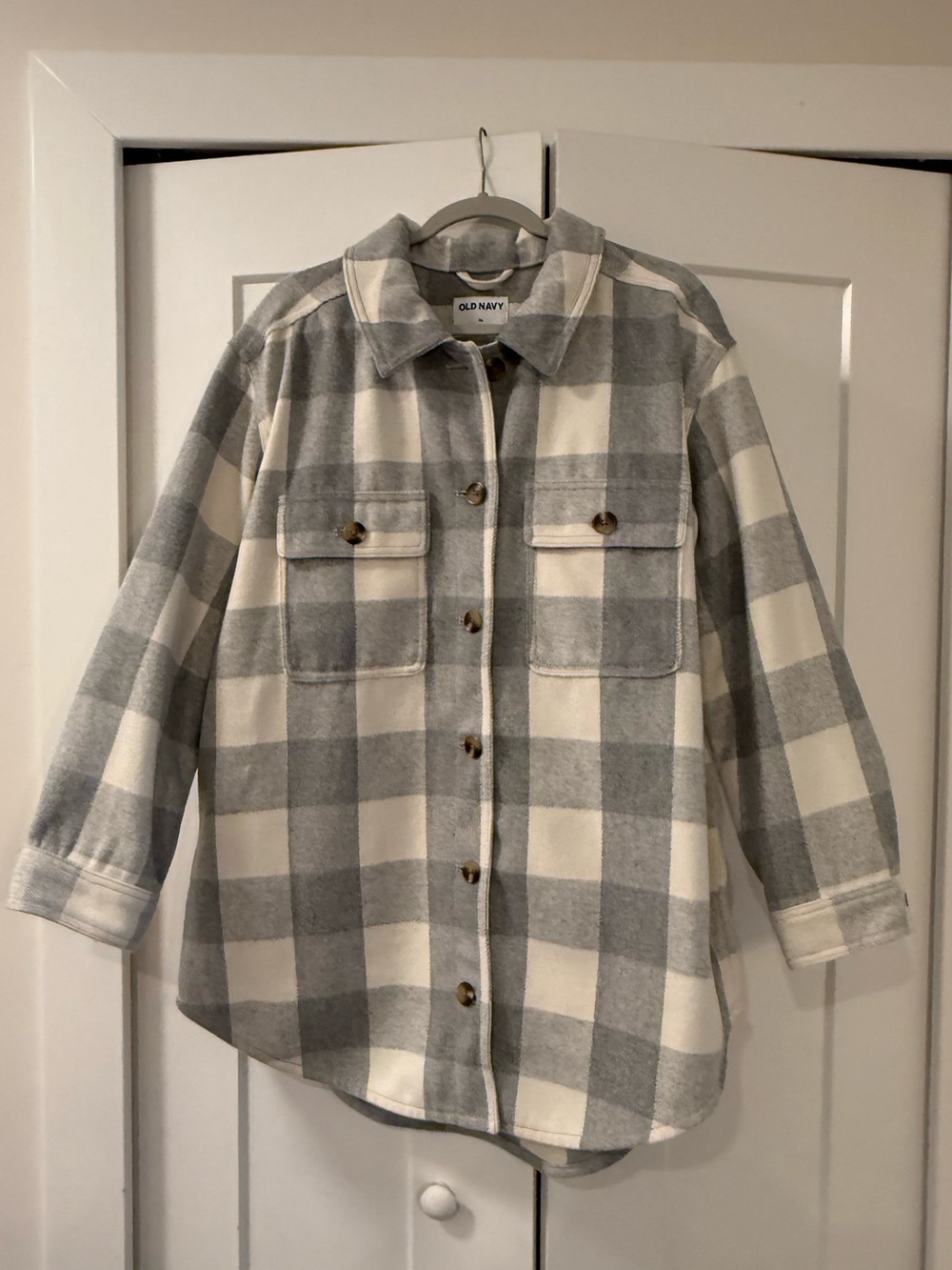 Old Navy Gray and White Plaid Button-Up Shacket